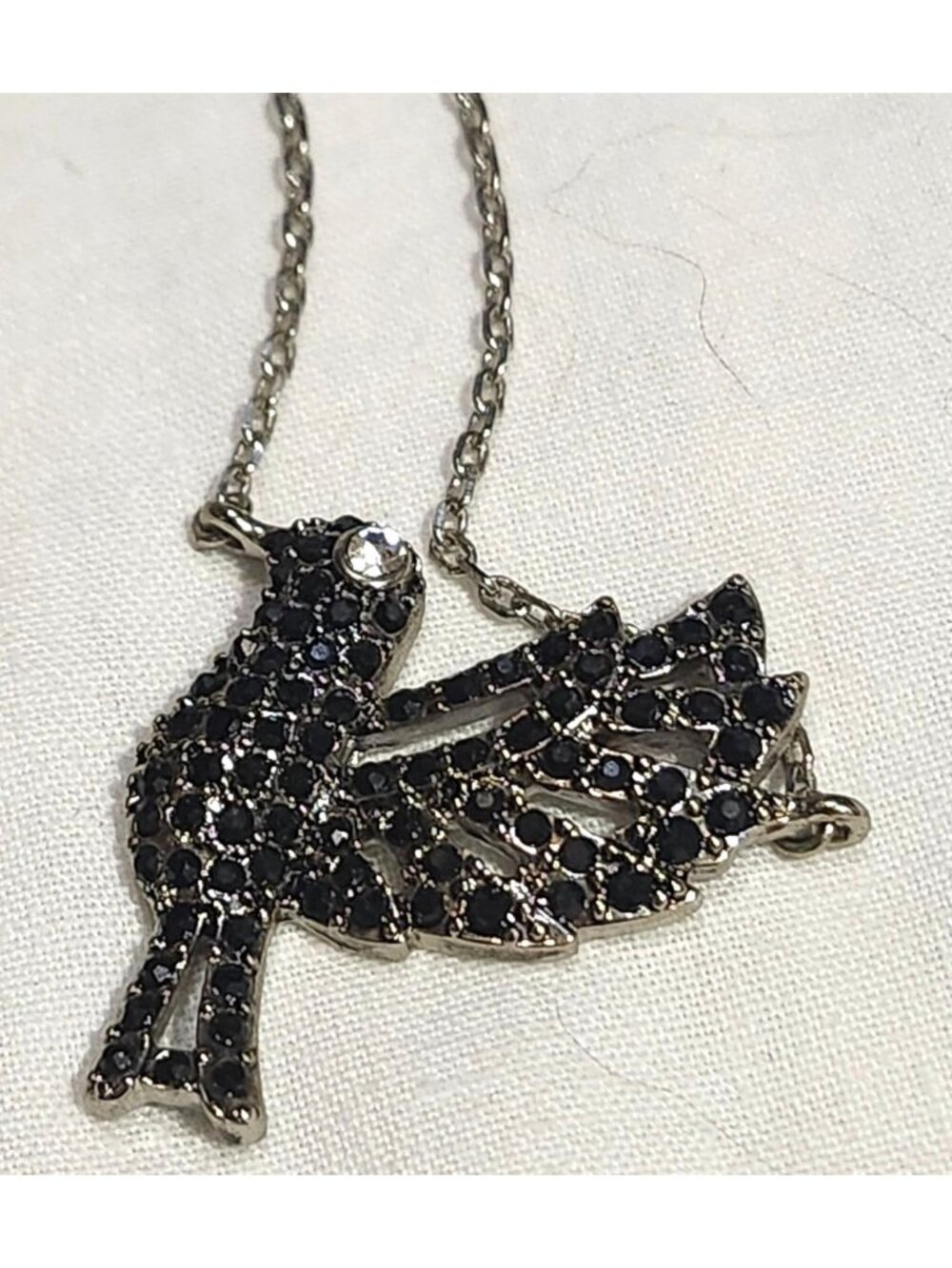Vintage Black Crystal Bird Pendant Necklace Silver Tone Chain Pave Rhinestones P